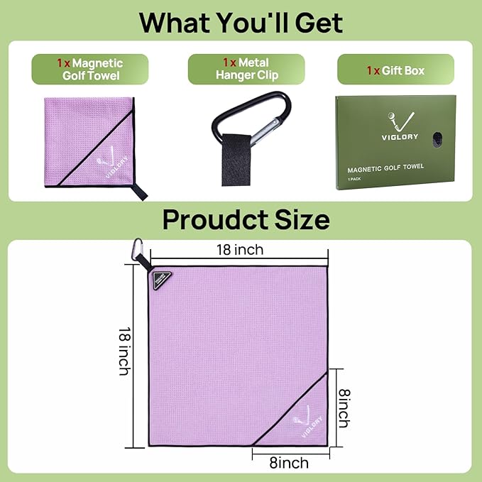 Magnetic Golf Towel for Bag 18" x 18" with Clip Exclusive Cleaning Pocket Microfiber Waffle Ultra Absorbent Club Ball Cleaner, Essential Golf Accessories and Gifts for Men Women(Purple 1 Pack)