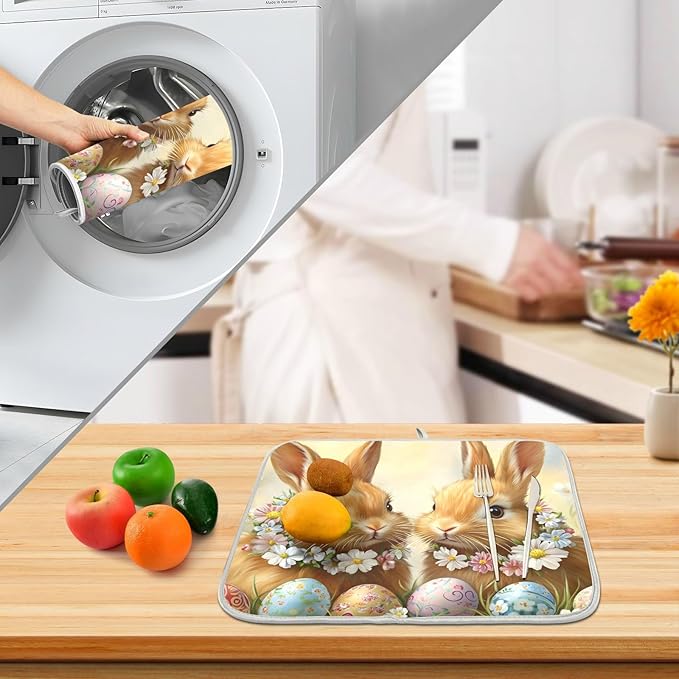 Cute Rabbit Bunny Easter Eggs Dish Drying Mat for Kitchen Counter Absorbent Microfiber Small Drying Pad Dish mats for Kitchen Countertops 16 x 18 Inch