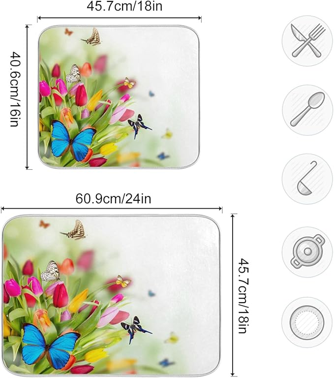 Tarity Colorful Tulip Butterfly Dish Drying Mat for Kitchen Counter Absorbent Heat Resistant Microfiber Dishes Drainer Mat 16x18 in Dish Pad Sink Mat Protective Pad Kitchen Decor