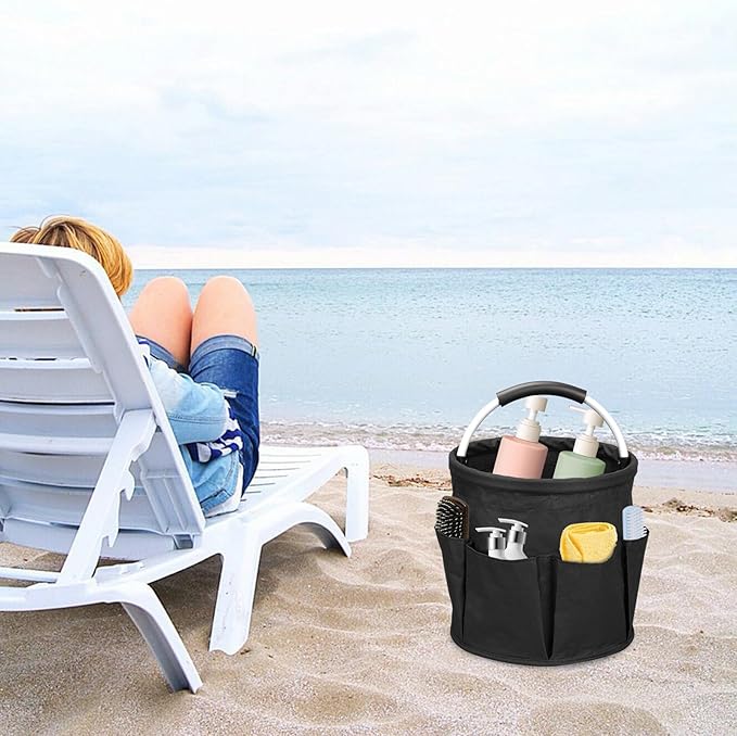 17L Portable Cleaning Bucket Organiser, 6 Pockets Foldable Cleaning Caddy with Handle Wearable Cleaning Caddy Bag for Outdoor Camping Garden Harvest Basket Home Bathroom Storage (Black)
