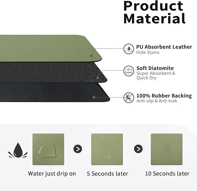 Dish Drying Mat for Kitchen Counter, Heat Resistant Drainer Mats with Non-slip Rubber Backed, Hide Stain Kitchen Super Absorbent Draining Mat, Easy to Clean Dish Rack Pad, Green 18"x24"