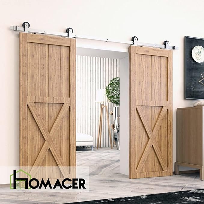 Homacer Brushed Nickel Non-Bypass Sliding Barn Door Hardware Kit, for Two/Double Doors, 14ft Long Flat Track, T-Shape Design Roller, Heavy Duty, for Interior & Exterior Use