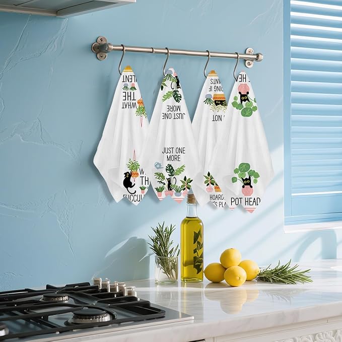 Hanamiya Na 4 Pcs Funny Cat Kitchen Towels, Plant Lover Gifts for Women Gardener Mom, Reusable Waffle Hand Towels for Bathroom Kitchen Home Farmhouse Decor, Cat Lover Gifts for Women, 24x14 Inch
