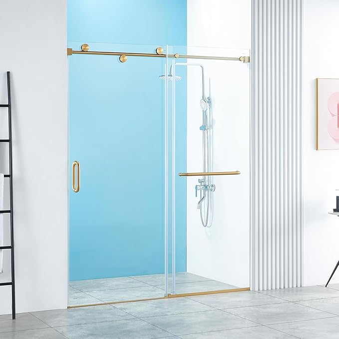 56-60" W x 76" H Frameless Sliding Shower Door, Frameless Shower Door, Shower Glass Door with 5/16" (8mm) Clear SGCC Tempered Glass, Stainless Steel Hardware O01 (Brushed Gold)