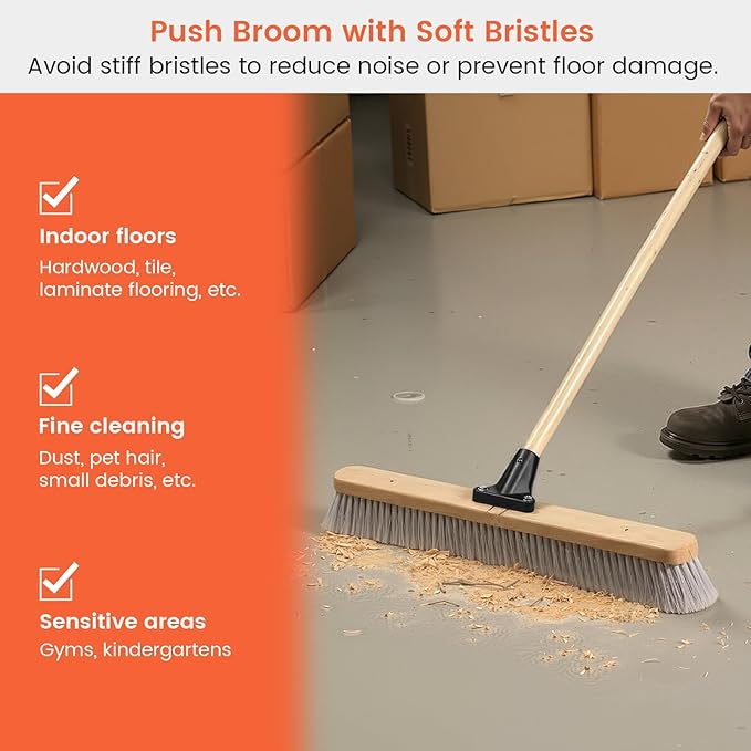 ALANNG 24” Push Brooms for Indoor and Outdoor, Heavy Duty Broom for Sweeping with 61” Wood Handle, Soft Bristle and Stiff Bristle Broom Set for Shop, Garage