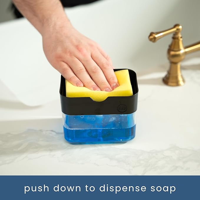 S&T INC. Dish Soap Dispenser and Sponge Holder for Kitchen Sink with Enhanced Features, Sponge Included, 13 Ounces, Matte Black