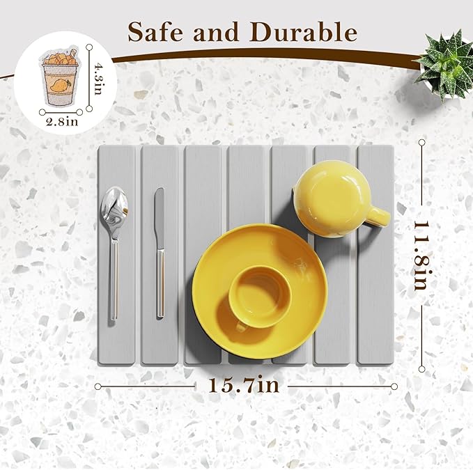 Stone Dish Drying Mats for Kitchen Counter,15.5“x 11.8”,Eco-Friendly,Foldable quick dry stone mat kitchen,Absorbent Diatomaceous Earth Mats for Dishes Bottles Cups Bathroom Any Countertop-Light Gray