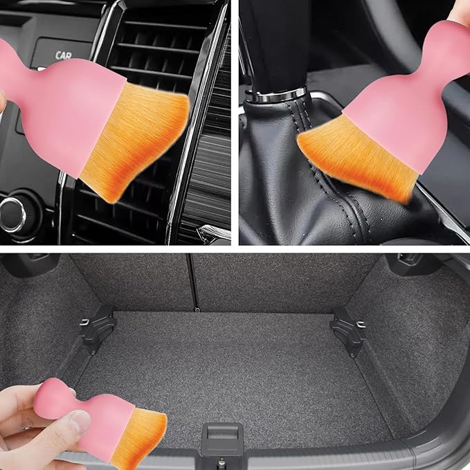 1Pcs Auto Soft Hair Brush Advanced Car Interior Detailing Brush for Dashboard Air Vent Gaps Dust Removal and Cleaning of Leather Surfaces Widely Used, Pink handle and yellowish-brown bristles