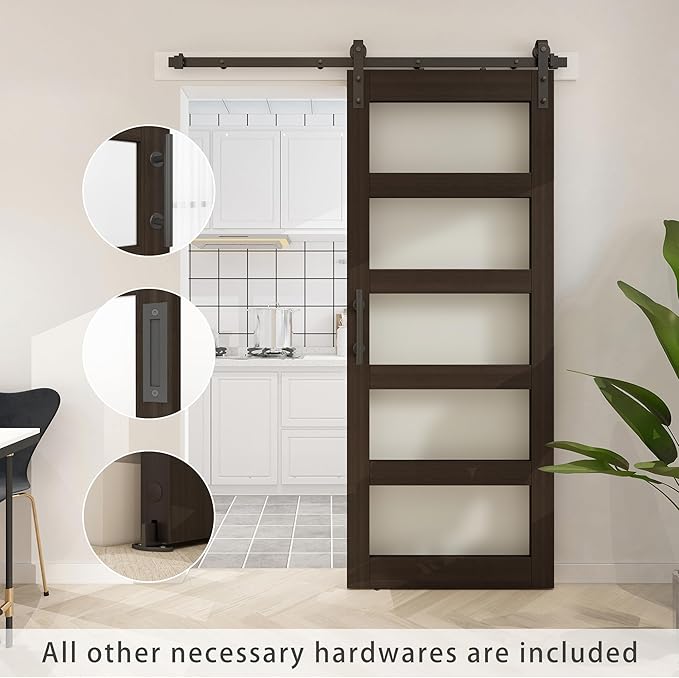 BARNSMITH 30in x 84in Glass Barn Door with 5FT Sliding Door Hardware Kit Included & Handle,5-Panel Frosted Glass Solid Wood Slab with Water-Proof PVC Surface,Pre-Drilled Easy Assembly,Brown