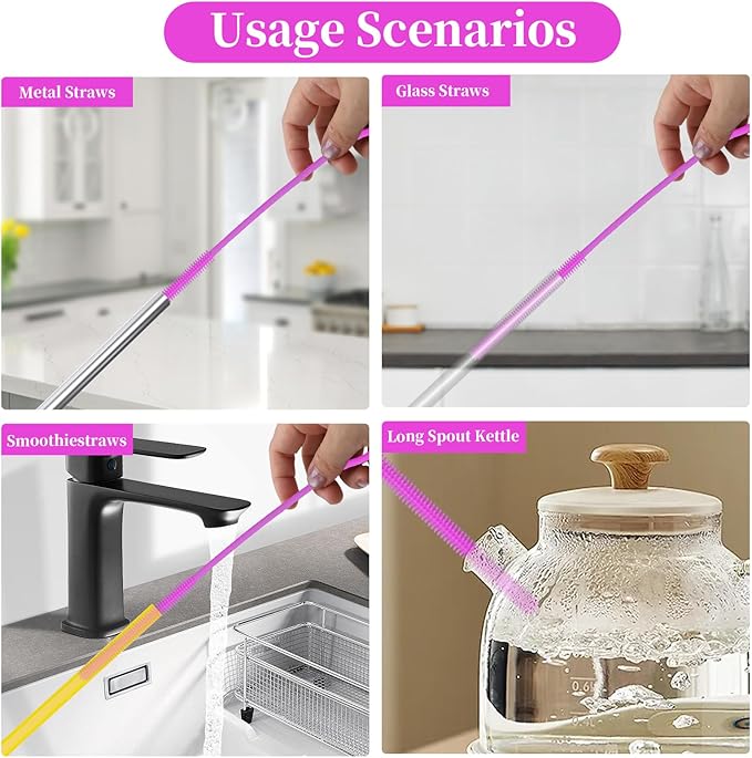 2Pcs silicone straw cleaning brushes, extra long, used for Cleaning Glass Metal Smoothie Straws and StrawCups,Non-slip Handle Soft and Bendable, 6mm+9mm. (Purple)