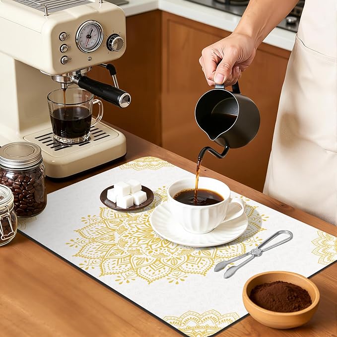 Yamaziot Boho Coffee Mat 12"x20", Floral Dish Drying Mat for Kitchen Counter, Non Slip Coffee Bar Accessories Espresso Machine Dish Rack