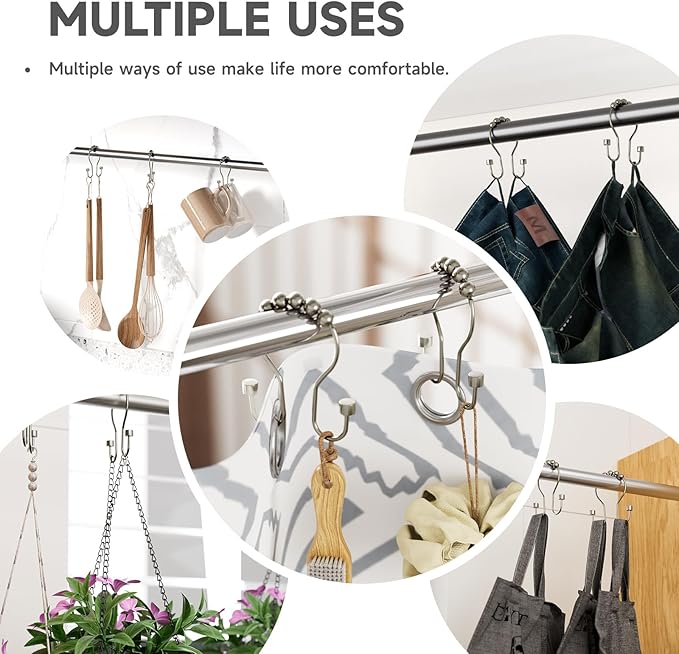 Shower Curtain Hooks, Shower Curtain Rings Rust Proof Double Hook Shower Curtain Hooks with Clindrical Design, 12 Pcs Nickel Shower Hooks for Shower Curtain, Metal Shower Rod Hooks