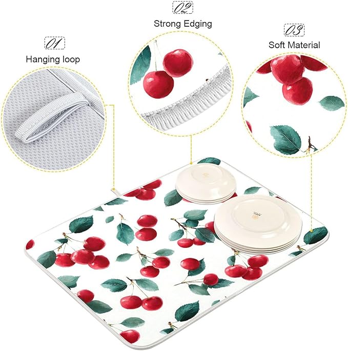 Red Cherry Leaves Dish Drying Mat for Kitchen Counter Absorbent Microfiber Drying Pad, Large 18x24 in