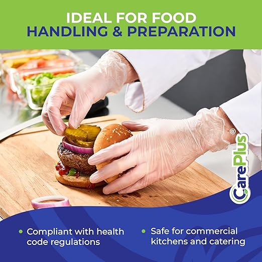 CARE PLUS Vinyl Gloves Clear Extra Large Size 200 Count | Heavy Duty, Non-Sterile, Powder-Free, Latex-Free Rubber | Food Prep, Kitchen & Cleaning Gloves, Ideal for Professional Use