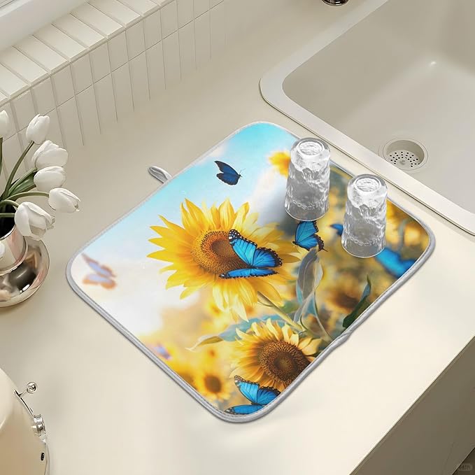 Blooming Sunflowers Blue Butterfly03 Dish Drying Mat for Kitchen Counter Absorbent Microfiber Small Drying Pad Dish mats for Kitchen Countertops 16 x 18 Inch