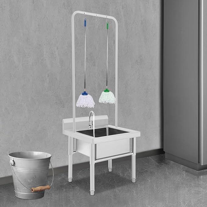 Stainless Steel Floor Mop Sink, Freestanding Mop Sink with Faucet and Cleaning Tool Rack, Commercial Floor Sinks Utility Mop Basin for Laundry, Kitchen, Garage, Restaurant 23.6 × 23.6 × 69inch