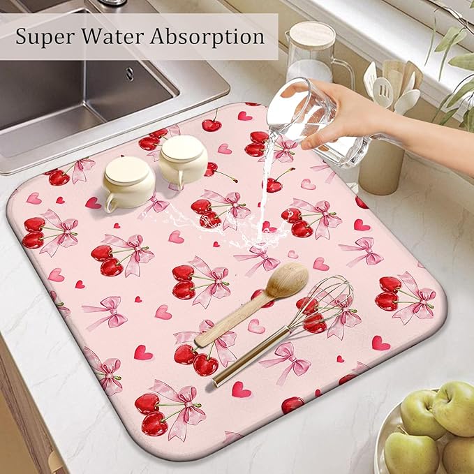 Cherry Dish Drying Mat for Kitchen Counter, Pink Cute Bow Heart Microfiber Drying Mat, Washable Absorbent Kitchen Countertop Dish Draining Mat, 16×18 Inch