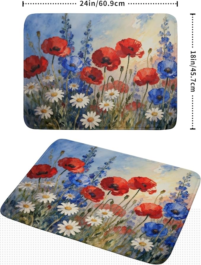 4th of July Dish Drying Mat for Kitchen Counter 18x24 Patriotic Floral Independence Day Memorial Holiday Absorbent Reversible Microfiber Drying Mats Kitchen Countertop Protector Dishes Drainer Pad