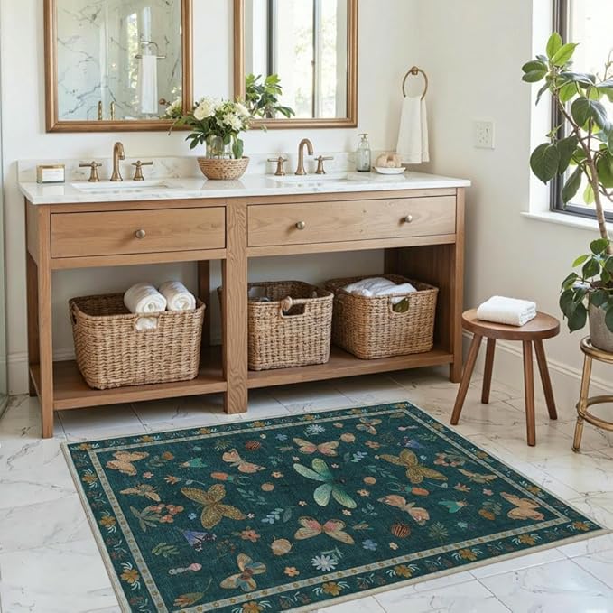2x3 Washable Rug,Small Door Mat Floral Entryway Rug, Boho Front Door Mat, Bath Rug,Non Slip Area Rugs, Low Pile Throw Accent Carpet for Indoor Entrance, Bathroom and Kitchen(Teal 2x3ft)