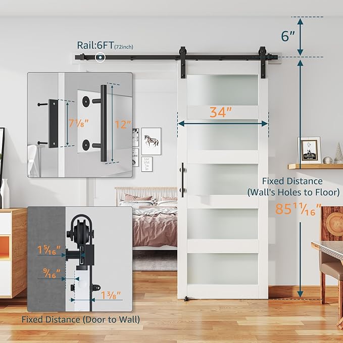 34'' x 84'' Glass Barn Door and 6 Ft Hardware Kit Included, MDF White Barn Door Slab with Frosted Glass, PVC Surface, Combined with Handle and Floor Guide-Assembly Required, White