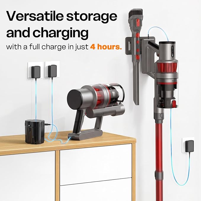 Cordless Vacuum Cleaner, 600W/50KPA, Up to 60 Minutes, Stick Vacuum with Rechargeable Design, Powerful Suction, Lightweight, Vacuum Cleaner for Home/Pet Hair/Carpet/Hard Floor, Red