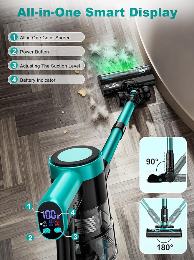 Cordless Vacuum Cleaner, 58Kpa Vacuum Cleaners for Home, 55Mins Stick Vacuum with Self-Standing & LED Display, Anti-Tangle & Wall Mount Charging (Cyan)