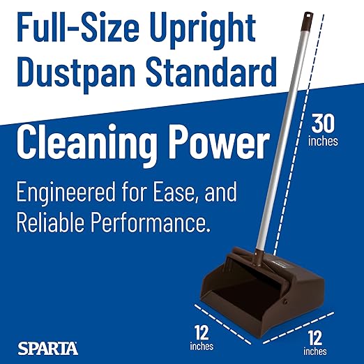 SPARTA Upright Dustpan with Aluminum Handle Serrated Edge for Broom Combing, Secure Yoke Lock with Easy Storage Hanging Hole for Commercial Cleaning, Plastic, 30 Inches, Brown