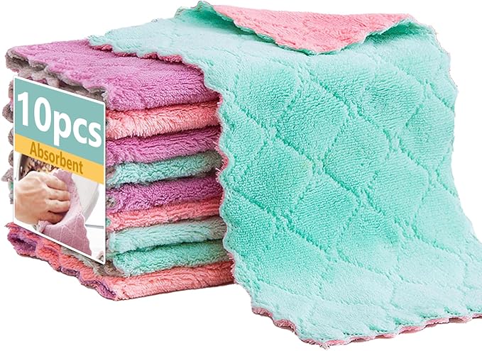Microfiber Cleaning Cloths - Super Absorbent, Streak-Free & Lint-Free Towels for Glass, Kitchen & Home (Gray, Purple, Pink, Green) (10pcs)