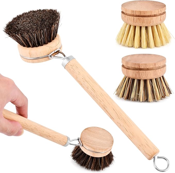 Bamboo Dish Brush Set, 1 Wooden Handle with 3 Natural Bristle Heads All Purpose Kitchen Scrub Brush with Sisal and Palm Horsehair for Cleaning Dishes Pans Vegetables(Color:Wood)