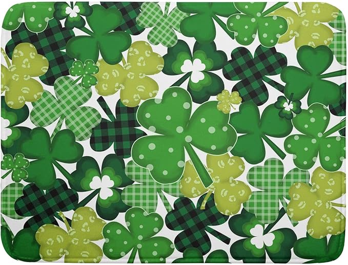 Khope St Patrick's Day Dish Drying Mat for Kitchen Counter 18x24 Inch Green Shamrock Reusable Washable Lucky Clover Plaid Drying Pad Countertop Home Decor