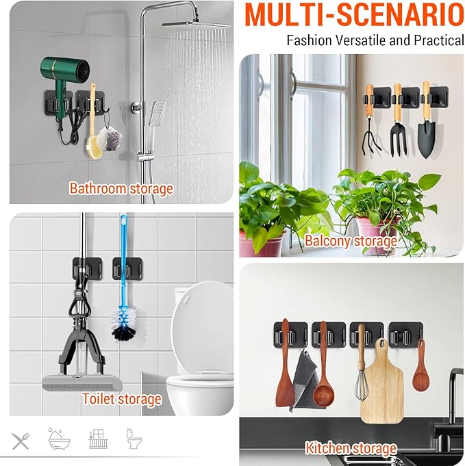 Batur 4 Pack Broom Holder Wall Mount, Super Anti-Slip Mop and Broom Holder Wall Mount, Self Adhesive Broom Organizer Hanger Gripper for Bathroom, Kitchen, Laundry Room Storage, Black