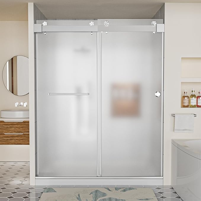 Frameless Shower Door, 56-60" W x 78" H 3/8" (10mm) Thick Tempered Frosted Glass Shower Door with Explosion-Proof Film Nano Coating, Double Sliding Doors for Walk in Shower, Stainless Steel Hardware