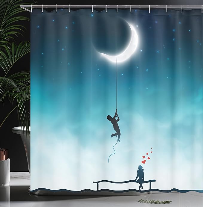 Ambesonne Fantasy Shower Curtain, Characters Climbing to The Moon and Sitting on Bench Love Romance Themed Art, Cloth Fabric Bathroom Decor Set with Hooks, 69" W x 70" L, White and Teal