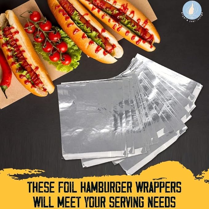 ANGEL’S PEEL LOUNGE Insulated Aluminum Foil Hamburger Bags - Precut Tin Foil Wraps For Burgers, Sandwiches, Hot Dogs, Heavy Duty Non Stick Grease-Resistant Food Wrapping, 6” x 11/8” x 61/2 100 PACK