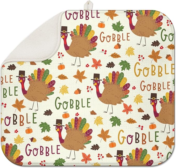 Thanksgiving Dish Drying Mat for Kitchen Counter, Cream Turkey Pattern Microfiber Kitchen Drying Mat, Washable Absorbent Countertop Harvest Fall Dish Mat Drainer, 16x18 Inch