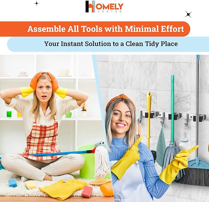 Mop and Broom Holder Wall Mount – Heavy-Duty Closet Organizer for Garage, Kitchen, Laundry Organization – Tool Hanger with 3 racks and 4 hooks