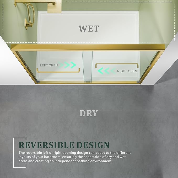 Brushed Gold Glass Shower Door,45~48" W x 72" H Semi-Frameless Glass Door,1/4'' SGCC Tempered Clear Glass Door with Stainless Steel Handles,Reversible Easy Installation Sliding Doors for Bathroom