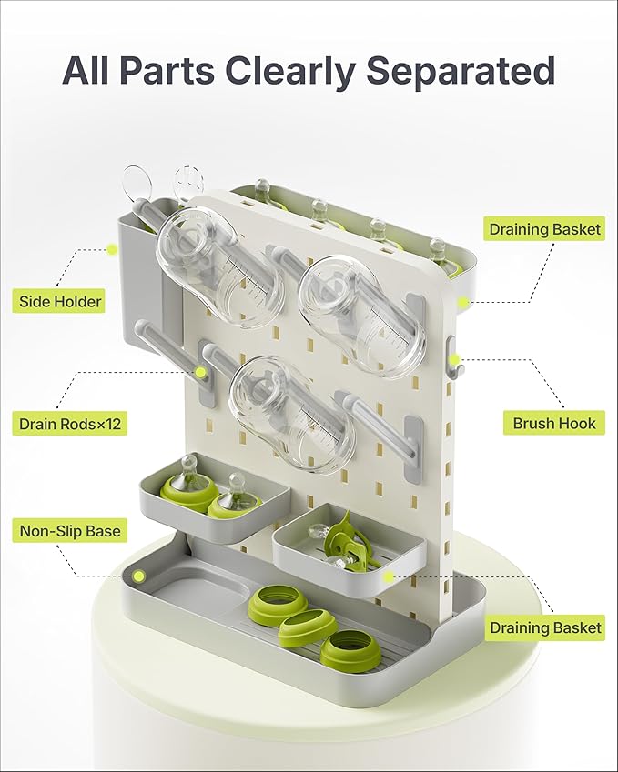 DIY Baby Bottle Drying Rack, Space-Saving Drying Rack, Bottle Tower with Removable Drying Rods & Baskets&Holder, Large Capacity Countertop Bottle Rack Dryer