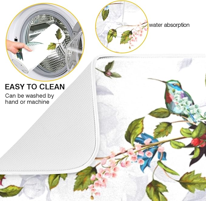 Tarity Rose Peony Poppy Hummingbirds Dish Drying Mat for Kitchen Counter Absorbent Heat Resistant Microfiber Dishes Drainer Mat 18x24 in Large Dish Pad Sink Mat Protective Pad Kitchen Decor