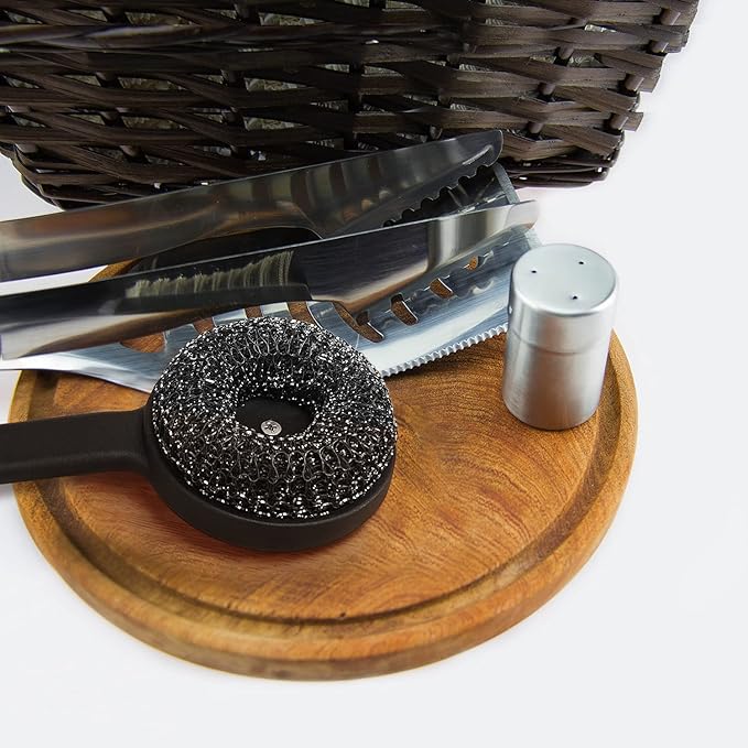 18" Long Handle Grill Brush with Replaceable Head - Safe Bristle Free Stainless Steel BBQ Cleaner with Heavy Duty Scrubber Pad, Grill Accessories Steel Wool Scrubbers for Porcelain Gas Charcoal Grill