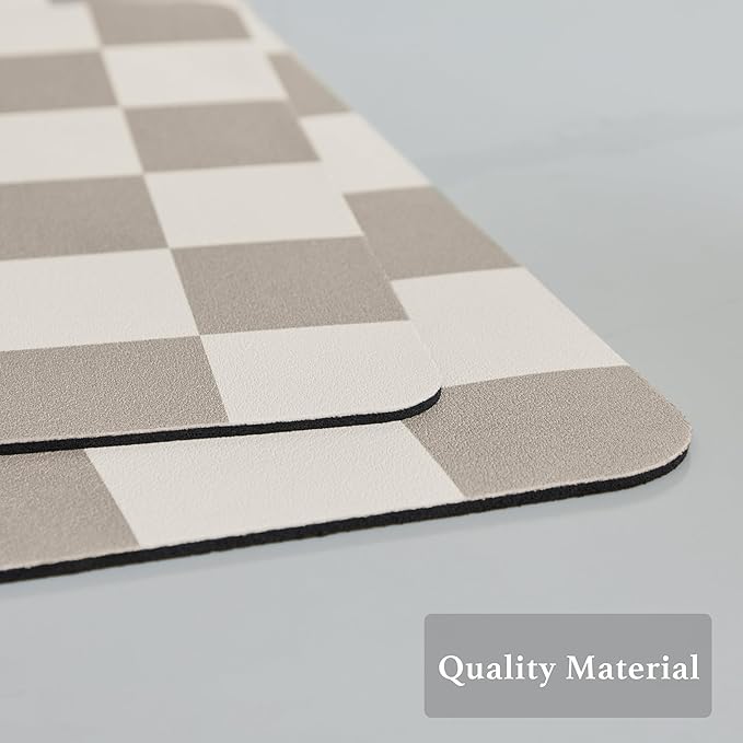 Checkered Dish Drying Mat for Kitchen Counter, Coffee Bar Station Accessories, Retro Cute Aesthetic Modern Absorbent Drainer Mat Kitchen Drying Mat Easy Clean, Khaki 12" x 19"