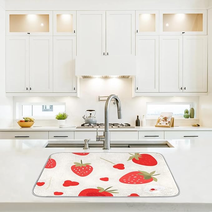 Dish Drying Mat for Kitchen Absorbent Drying Mat Reversible Dish Drying Pad Dish Drying Mats for Kitchen Counter Utensils Pots Water Cup Pink Strawberry