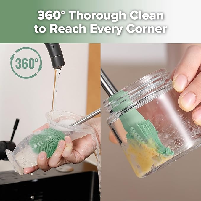 haakaa Cleaning Brush Silicone Bottle Brush Double-Ended Soft Silicone Bristles for Breast Pumps, Breast Milk Collectors, Baby Bottles, Teats, Breastmilk Storage Bags, Pea Green-1pk