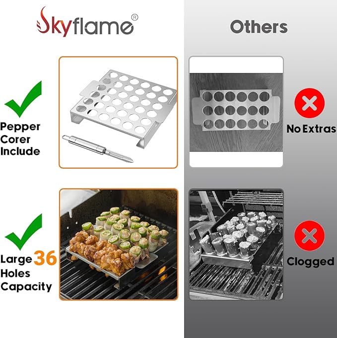 Skyflame Jalapeno Grill Rack with Handle and Chili Pepper Corer Tool - Large 36 Holes Capacity Stainless Steel Drumstick Chicken Wings Roaster for BBQ Smoker and Oven