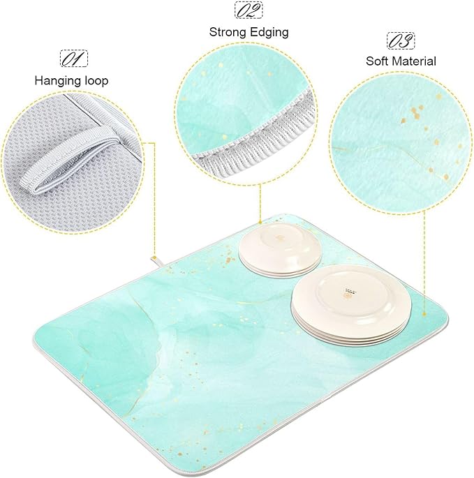 Turquoise Marble Dish Drying Mat for Kitchen Countertop 18x24 Aqua Tie Dye Large Drying Mat Reusable Quick Dry Dish Sink Mats Easy Clean Decorative Essentials