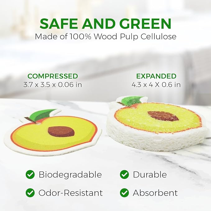 Compressed Cellulose Sponges - 12 Pack Fruit Shaped Natural Pop Up Dish Sponge for Kitchen - Compostable, Plant-Based, Non Scratch Cleaning Sponges Bulk for Dishes & Household Cleaning