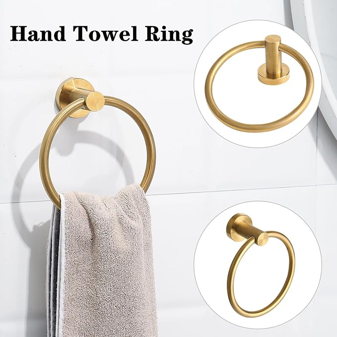 Brushed Gold Toilet Paper Holder Set, Stainless Steel Towel Ring, Double Post Pivoting Toilet Paper Holder and Hand Towel Holder Set for Bathroom