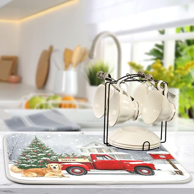 Christmas Tree Truck Dish Drying Mat for Kitchen Countertop 18x24 Winter Snow Poinsettia Golden Retriever Large Drying Mat Reusable Quick Dry Dish Sink Mats Easy Clean Decorative Essentials