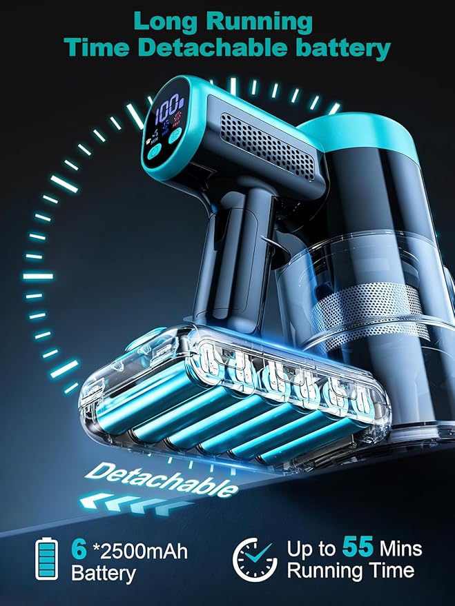Cordless Vacuum Cleaner, 58Kpa Vacuum Cleaners for Home, 55Mins Stick Vacuum with Self-Standing & LED Display, Anti-Tangle & Wall Mount Charging (Cyan)