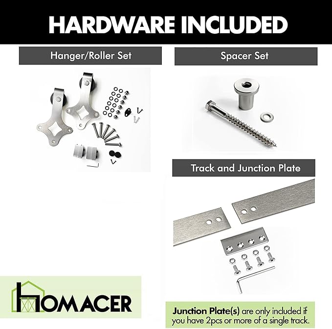Homacer Brushed Nickel Non-Bypass Sliding Barn Door Hardware Kit, for Two/Double Doors, 8ft Long Flat Track, Diamond Design Roller, Heavy Duty, for Interior Use